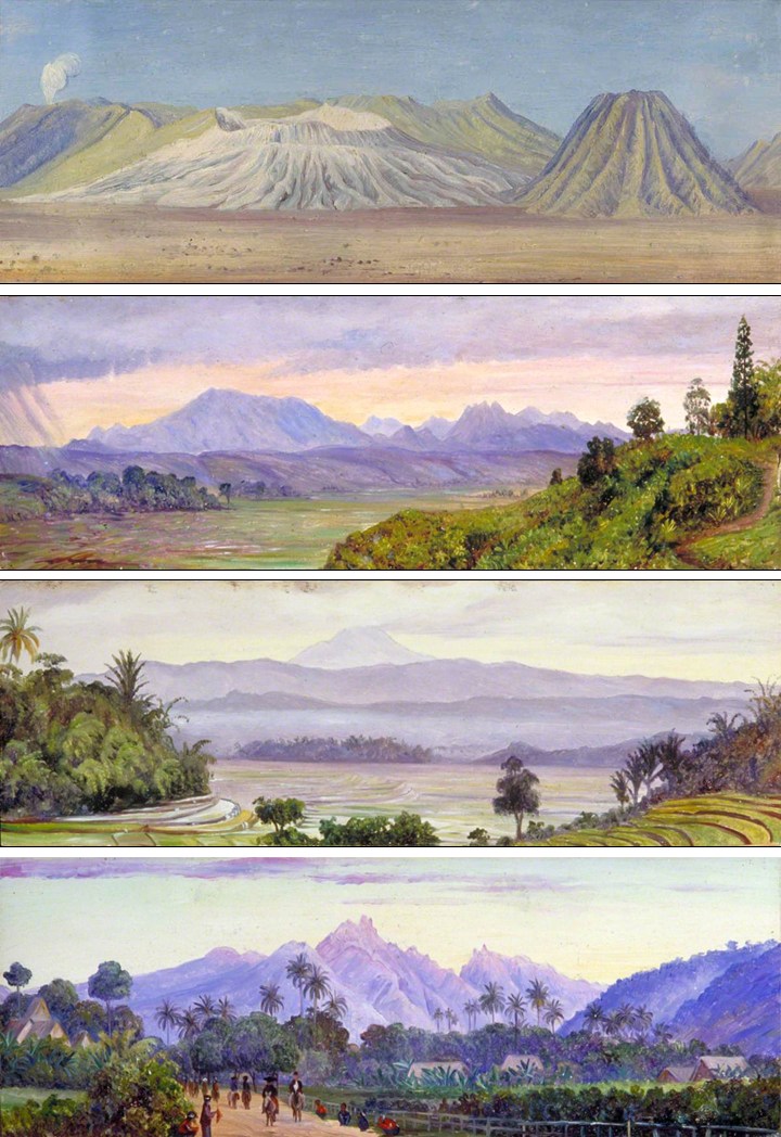 Figura 23 - As várias telas de North, na Indonésia. A) Fumaça do Vulcão Semeru e do Vulcão Bromo, Leste de Java. B) As Montanhas Priangan, Java. C) O Vulcão Kluet (Gunung Klut – Kelud visto de Ngantang, Java. D) O Vulcão Soembrin visto de Magelang, Java