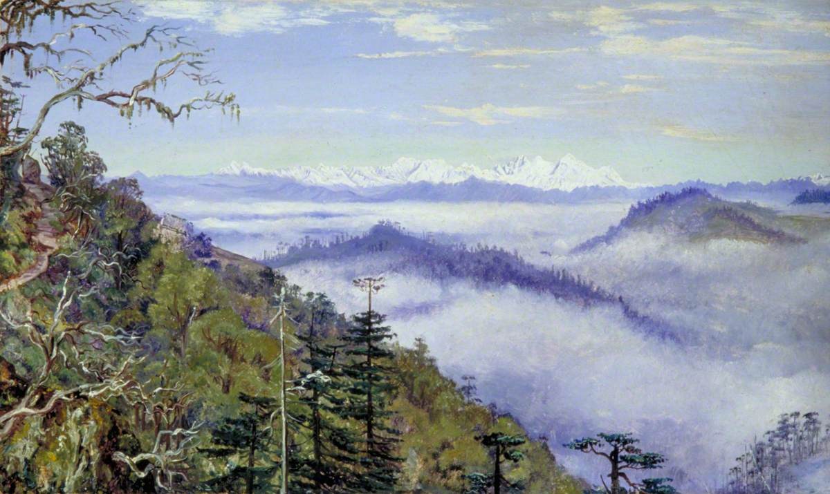Figura 43 - Paisagem himalaia com encostas florestadas, nevoeiro nos vales e picos nevados ao fundo. A pintura destaca o Monte Evereste.