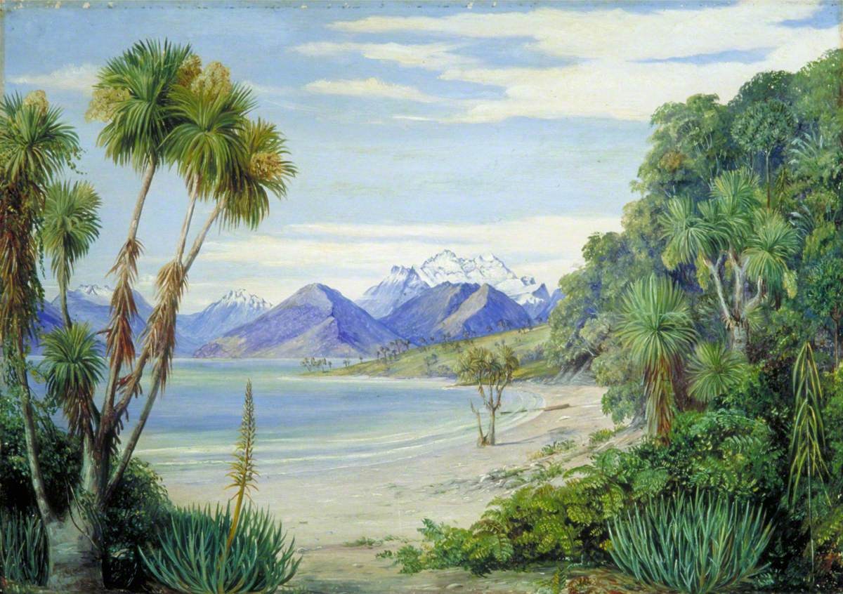Figura 51 - Na tela View of Mount Earnshaw from the Island in Lake Wakatipe, New Zealand, North retrata as escarpas do Monte Earnshaw ao fundo. As “paredes rochosas” descritas por ela ao descer o ziguezague são visíveis na composição da tela.