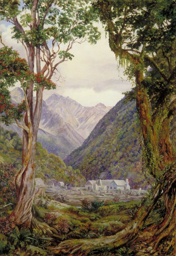 Figura 53 – A) A entrada do desfiladeiro em rochas metamórficas dos Alpes do Sul, estruturado sobre a Falha Alpina. B) Vista do interior do desfiladeiro de Otira. As “colinas precipitosas” e as paredes rochosas que North descreve são visíveis na composição