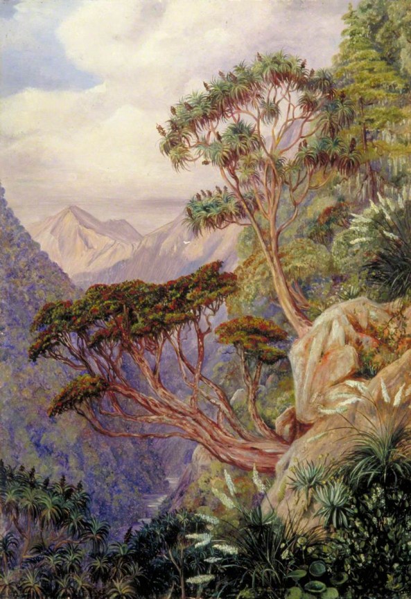 Figura 53 – A) A entrada do desfiladeiro em rochas metamórficas dos Alpes do Sul, estruturado sobre a Falha Alpina. B) Vista do interior do desfiladeiro de Otira. As “colinas precipitosas” e as paredes rochosas que North descreve são visíveis na composição
